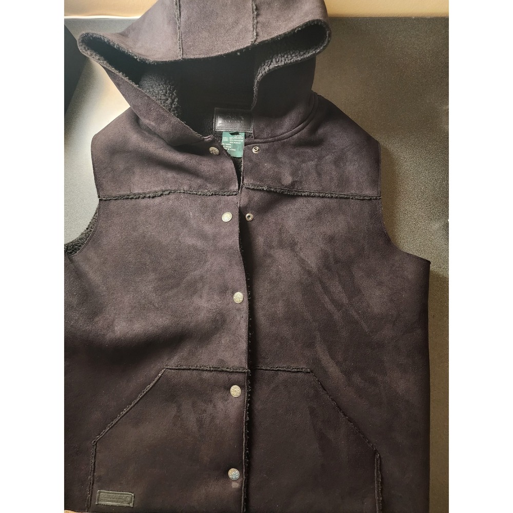 Ralph Lauren Suede Vest Shearling Hood Cabin Cozy Gorpcore Western Boho Black MP